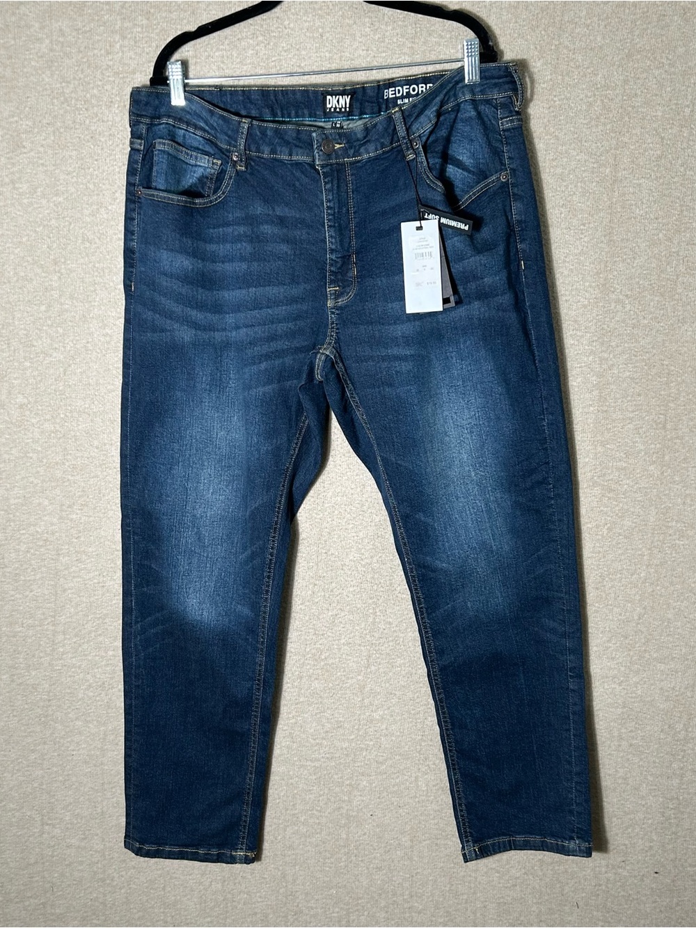 New DKNY Bedford Slim Fit Jeans Mens Tag Size 38X30 Dark Wash Stretch Blue Denim